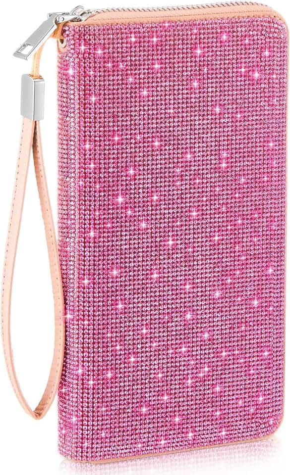 MotiMind Pink Bling Phone Wallet for Women, RFID Blocking, Rhinestone