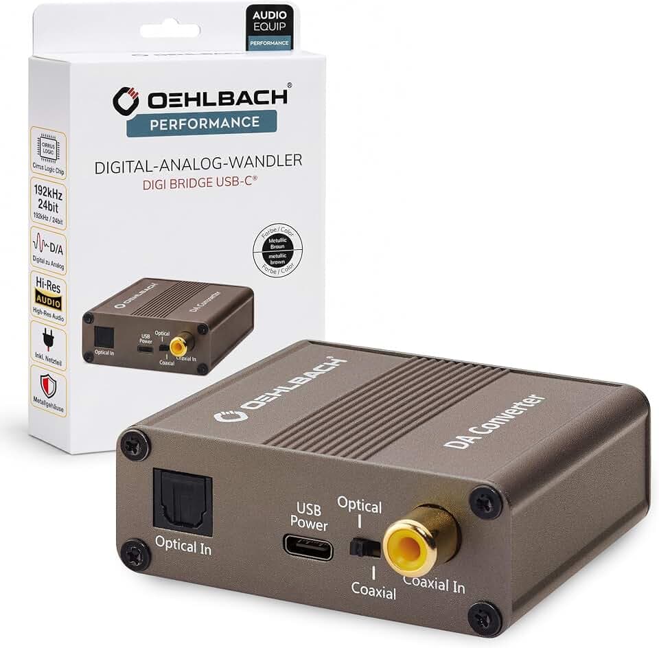 OEHLBACH Digi Bridge - Digital/Analog Audiowandler - Koaxial/Optisch, R-L/Klinke, USB-TypC Stromanschluss - Cirrus Logic Chip, Braun