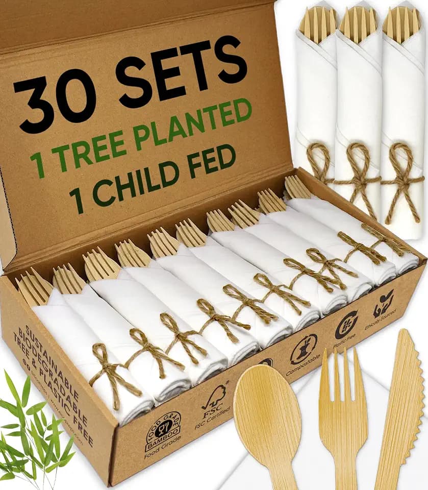 EcoPreps Premium Pre-Rolled Napkin and Bamboo Cutlery Set, 30 Pack, 120 PCS