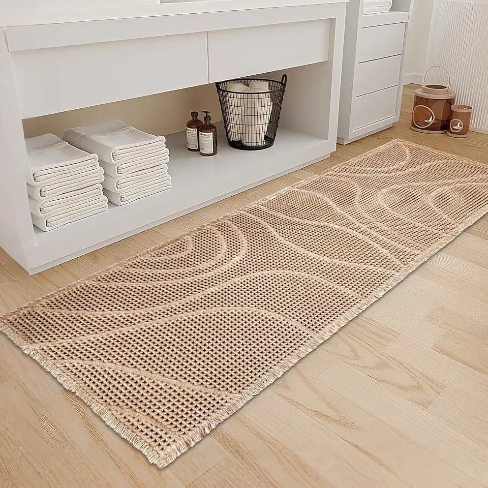ZALL Waffle Bath Mat Wavy Boho Non Slip Ultra Soft Bathroom Mat 24"x72" Tan
