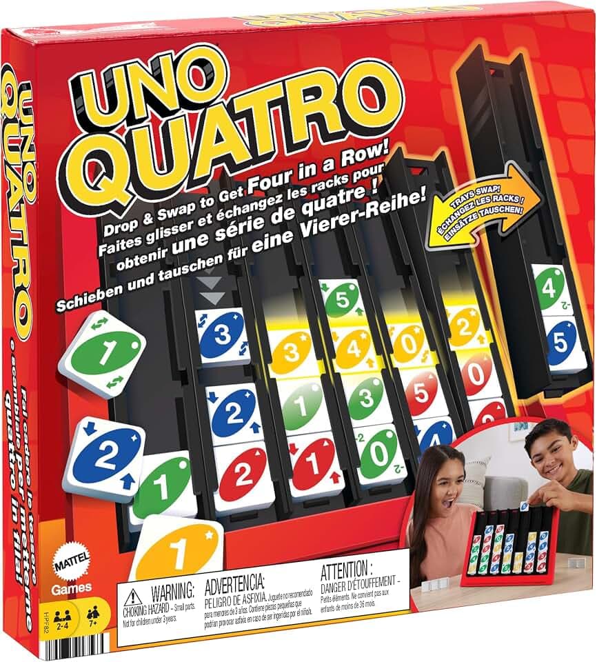 Mattel Games Uno Quatro, Steine nach Farben oder Zahlen sortieren, mit Aktionssteinen, Perfekt als Kinderspiel, Reisespiel oder Gesellschaftsspiel, ab 7 Jahre, HPF82