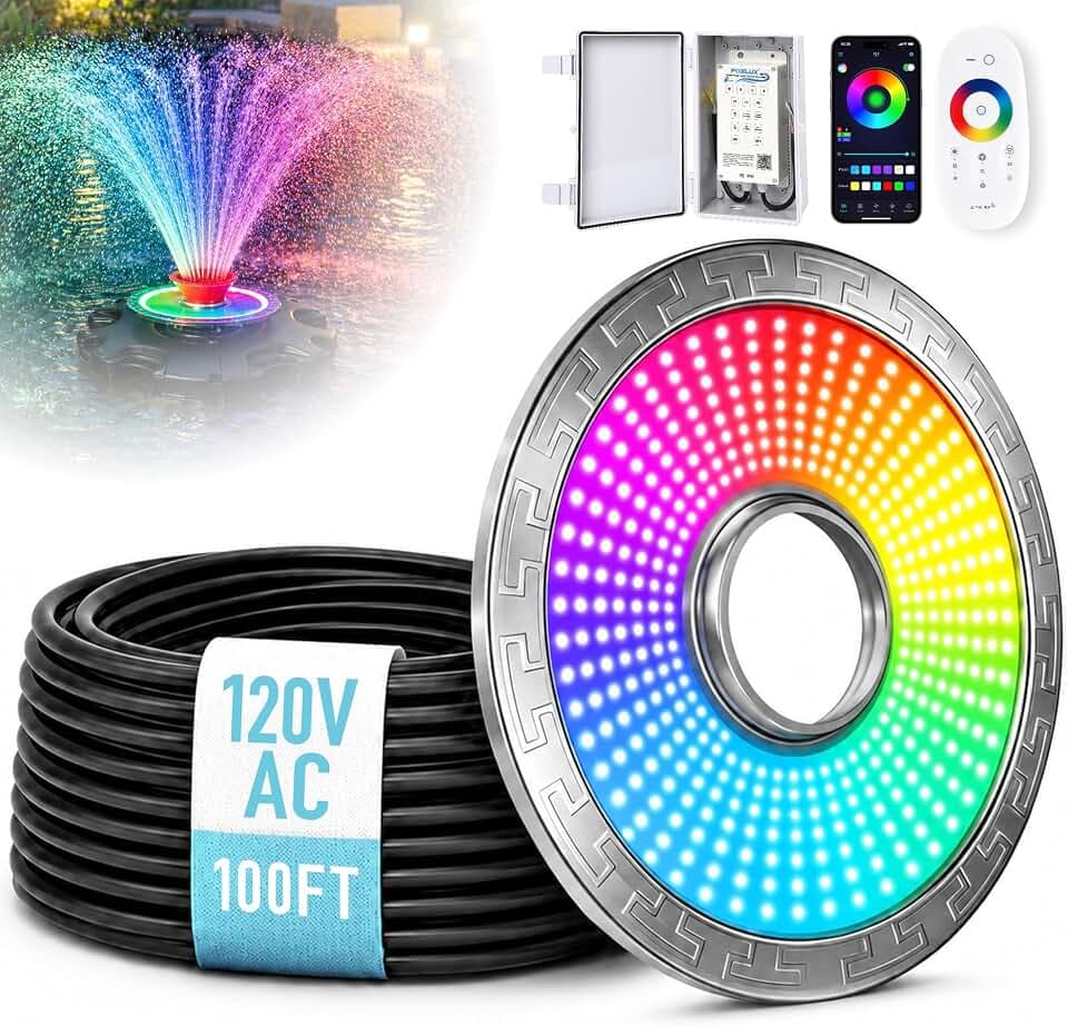 Pond Fountain Aerator Lights, RGBW LED Fountain Light, IP68 Waterproof, 100ft Cable with Controller, APP & Remote Control, Multicolor Color-Changing Aerator Light for Pond & Lake Fountains