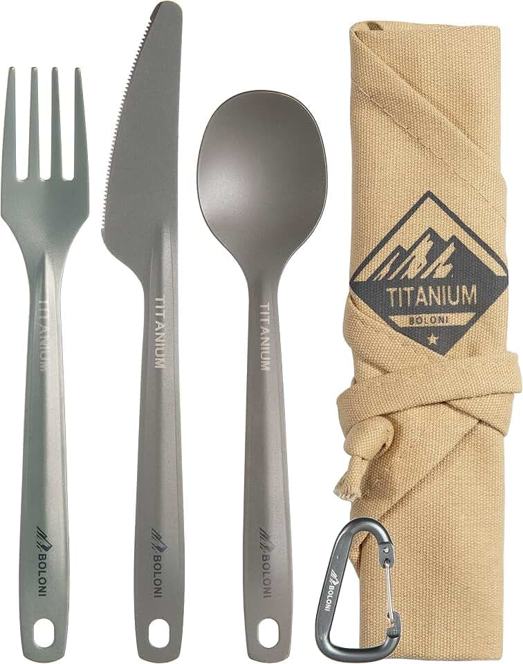 BOLONI Campingbesteck, Titan Bestecksets, 3-teiliges Titan Gabel-Löffel-messer Kombi Reisebesteck mit Karabiner und Aufbewahrungstasche, Ideales Camping Gadgets für Outdoor und Reise