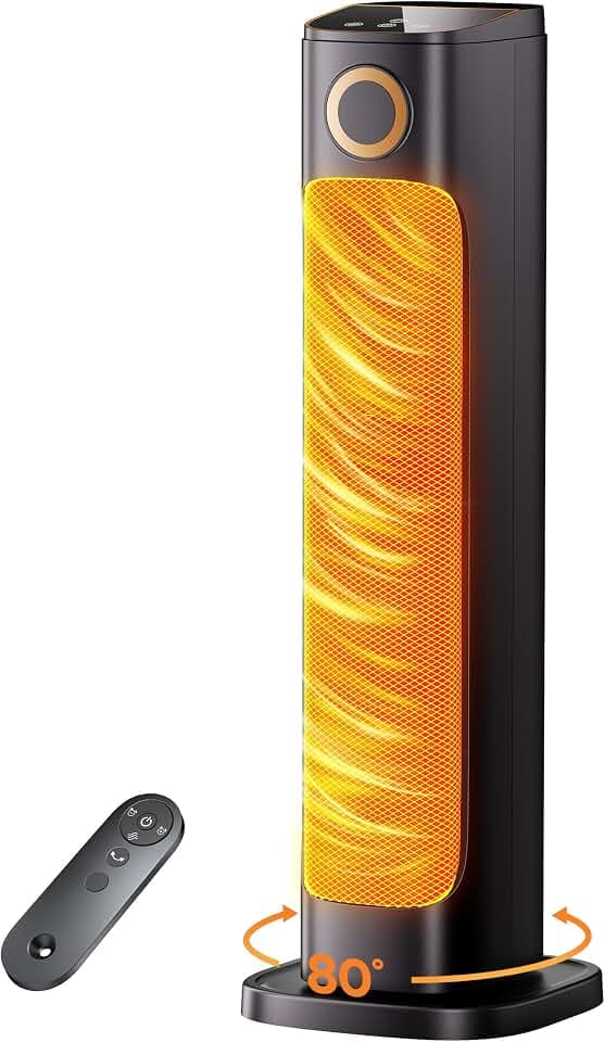 25" Space Heaters for Indoor Use, Electric Heaters for Large Rooms,15H Timer, 80°Oscillation, Quie Heater and Fan Combo w/Remote, 1500W Tower Heater, Tip-Over/Overheating Protection, Black