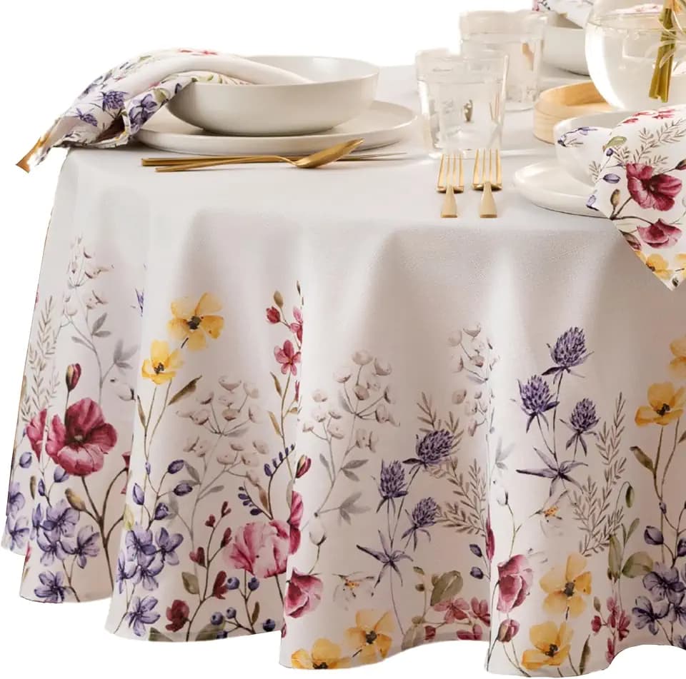 Threadmade Poppy Wildflower Bordered Tablecloth, Multicolor - 70" W x 70" L Round