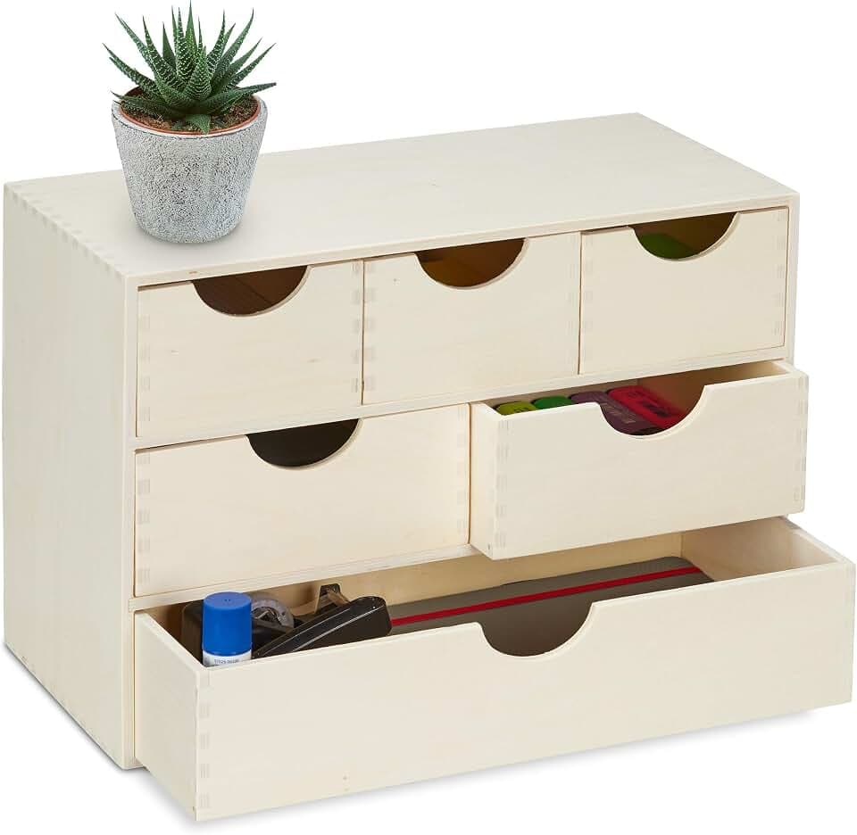 Relaxdays Schubladenbox Holz, HBT: 28 x 40 x 20 cm, Kleinutensilien Aufbewahrung, zum selbst Gestalten, 6 Fächer, natur, 1 Stück