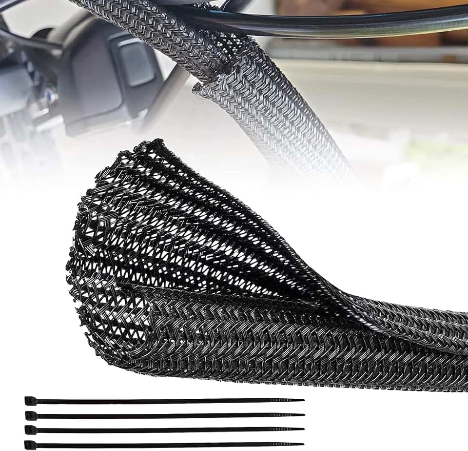 RED WOLF 10 Feet - 1 Inch Braided Wire Cable Sleeve Split Wiring Loom Tube Flexible Self-Wrap for Automotive Computer Cable Cord Management Cover Protector, Anti-Scratch High-Temperature Black Loom