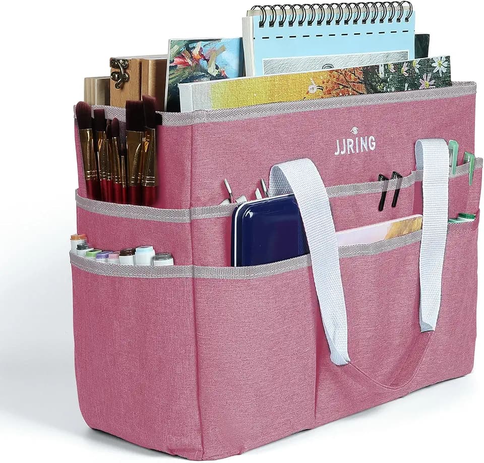 JJRING Craft Organizer Tote Bag Large Art Storage Caddy Pink