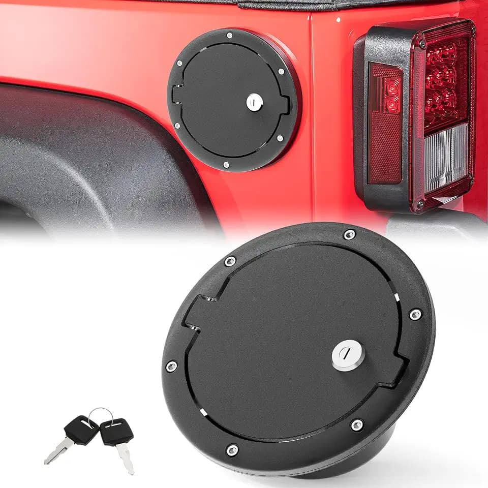 Fuel Filler Door Gas Tank Cap Cover Locking Compatible with 2007-2018 Jeep Wrangler JK Unlimited Accessories (Black)