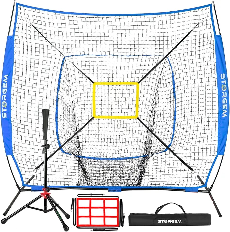 Storgem 7x7 Baseball Softball Net with Tee, Strike Zone & Bow Frame
