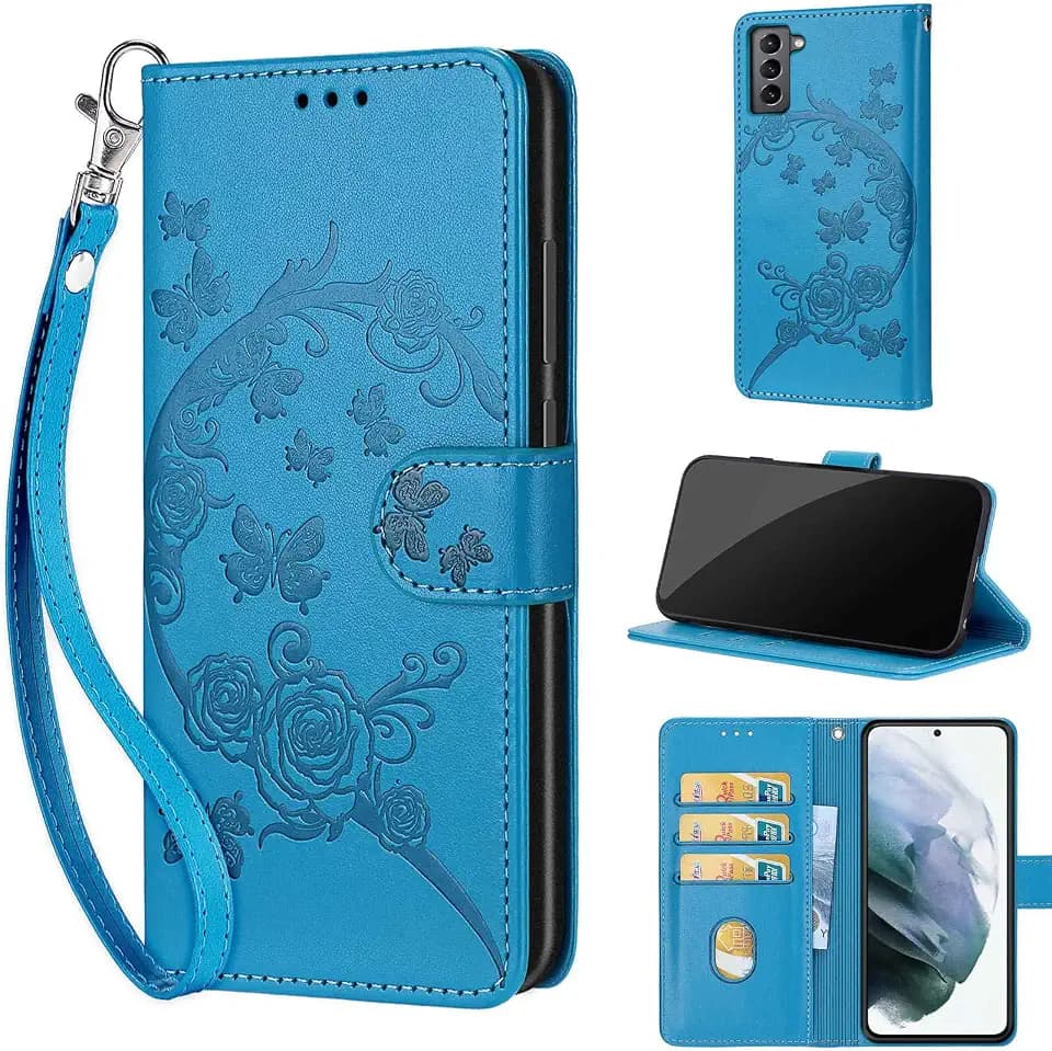 Wallet Case for Samsung Galaxy S22, Blue Flower