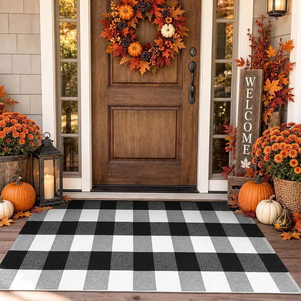 KIMODE Buffalo Plaid Outdoor Rug Runner Doormat 24'' x 51", Black/White Cotton Woven Checkered Fall Farmhouse Porch Rugs, Washable Indoor Door Mat for Front Layered Kitchen Bathroom Laundry Room