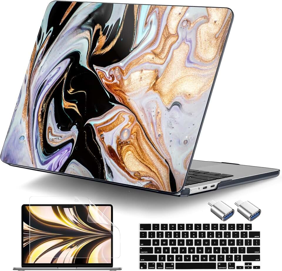 DONGKE for MacBook Air 13.6 Inch Case 2026 2025 2024-2022 A3449 A3240 A3113 A2681 M5 M4 M3 M2 Touch ID, Plastic Hard Shell & Keyboard Cover & Type C Adapter for MacBook Air 13 inch, Black Marble