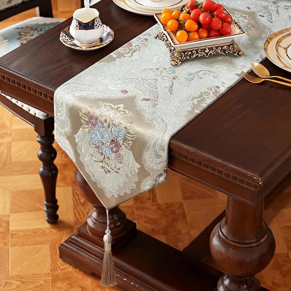 Luxury Damask Table Runner 72 Inches Long Beige Chenille Jacquard European