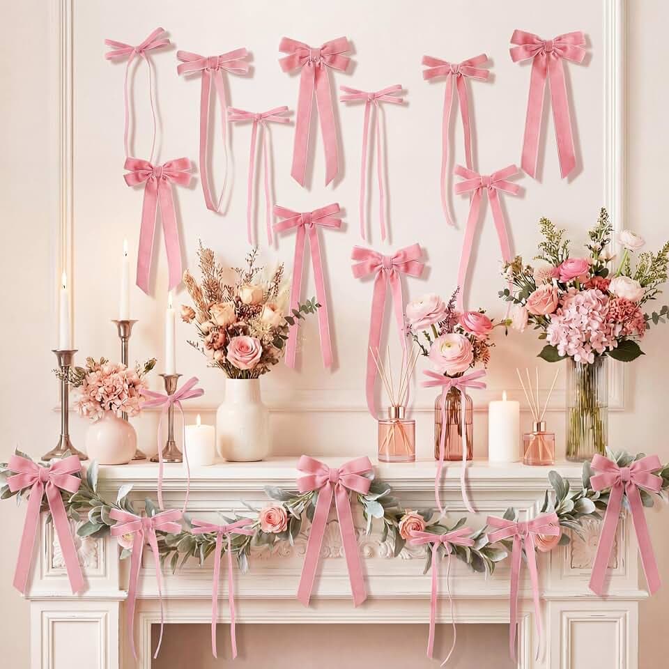 24 Pcs Pink Vintage Velvet Bows Ornaments, 5x10 Inch Luxury 3 Assorted Widths for Baby Shower Bridal Christmas Birthday Valentine's Day, Reusable Coquette Room Wall Backdrop Photo Decor