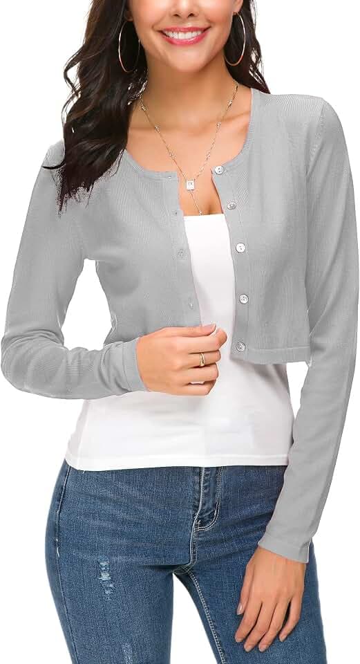 EXCHIC Damen Elegant Langarm Bolero Strickjacke mit Knöpfe Rundhals Festlich Gestrickte Shrug Kurz Cardigan für Kleider