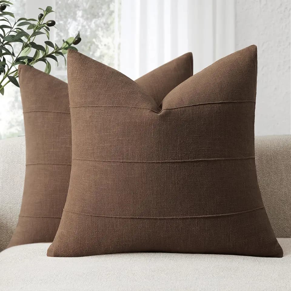 ZWJD Natur-Leinen Kissenbezug 45x45 2er Set Weiche Kissenbezüge in Dunkelbraun Einfarbige Sofakissen Kissenhüllen mit Streifenmuster für Couch, Bett, Schlafzimmer und Wohnzimmer, Moderne Dekokissen