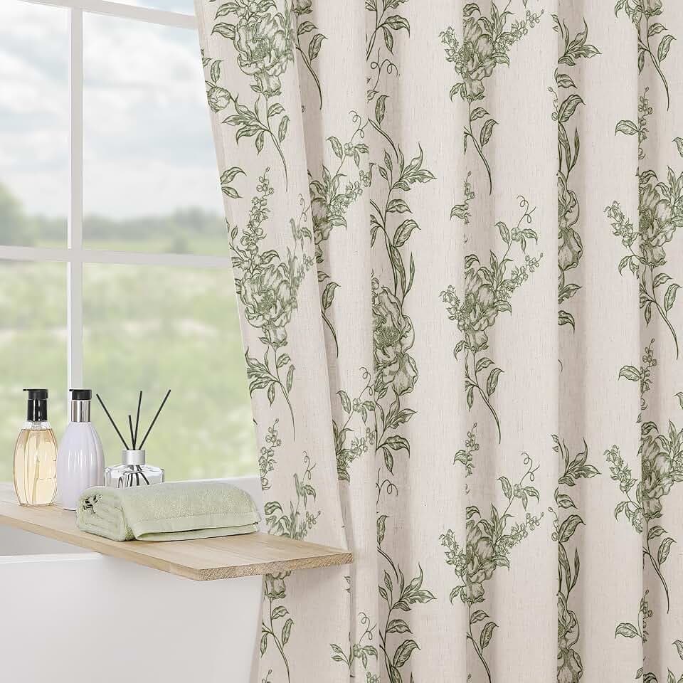 Sage Linen Farmhouse Shower Curtain, Boho Floral Bathroom 36x72