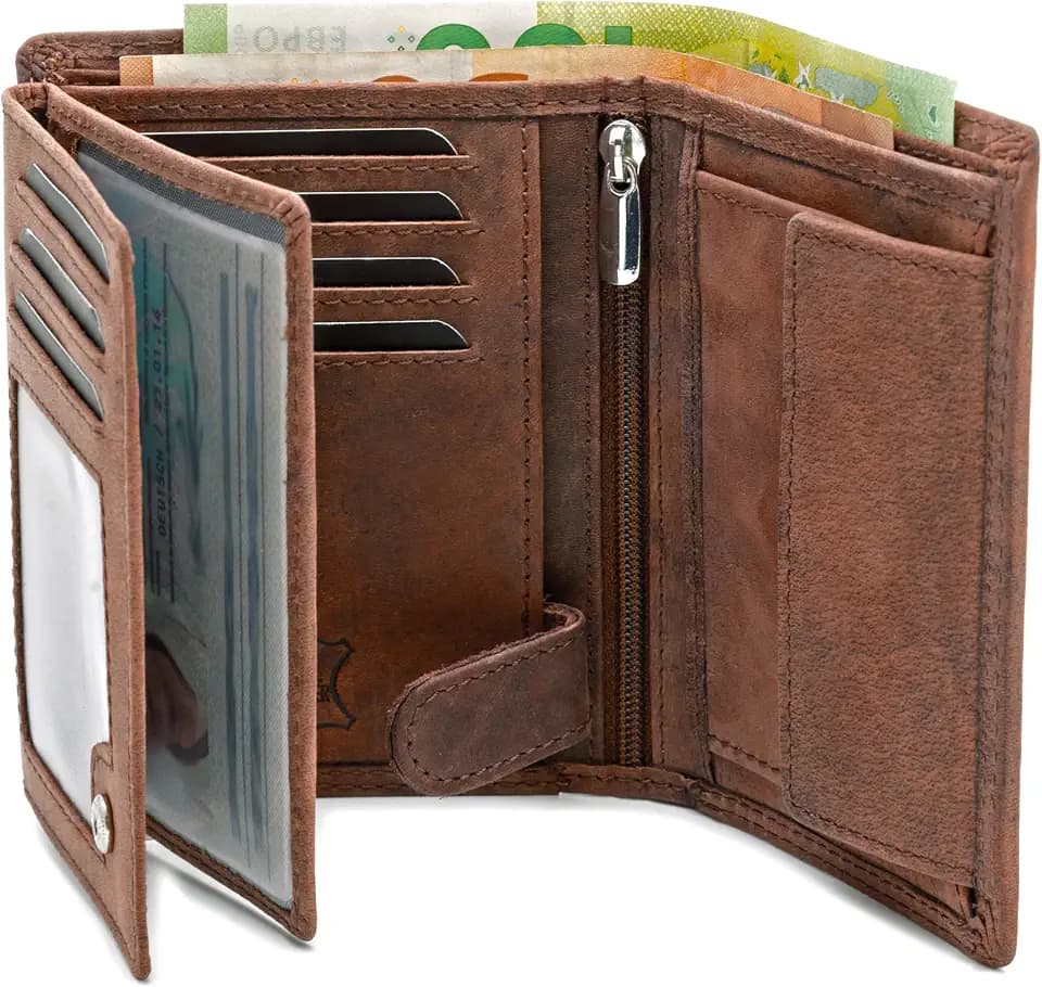 Fa.Volmer ® Ledergeldbörse aus echtem Büffelleder I Großes Portemonnaie für Herren & Damen I TÜV geprüftem RFID Schutz (Black) (Hunter Brown)