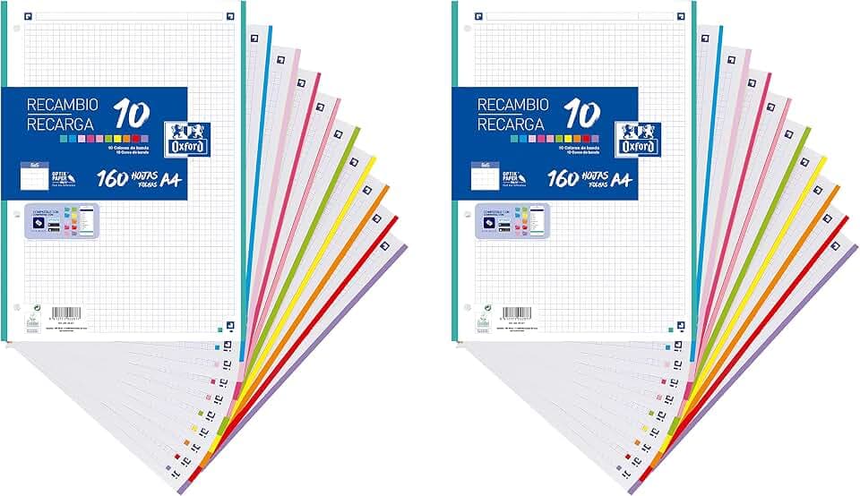 A4-Blätter, kariert, 2 Stück, Oxford-Papier, 10 Farben, 160 Blatt, kariert 5 x 5