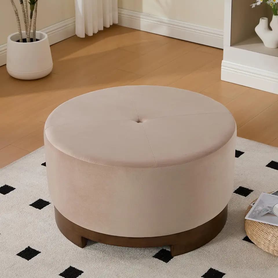 Christopher Knight Home Monroe Velvet Upholstery Round Ottoman, Living Room Sofa Ottoman with Wood Frame, Accent Small Foot Stool, Round Coffee Table, No Assembly Needed, Camel + Dark Walnut