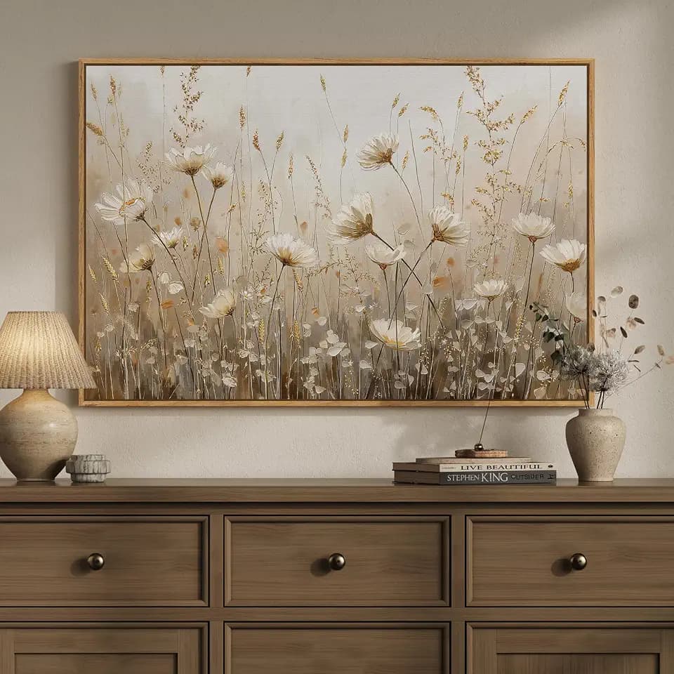 Framed Vintage Rustic Neutral Floral Wall Art for Living Room, 24x36 In