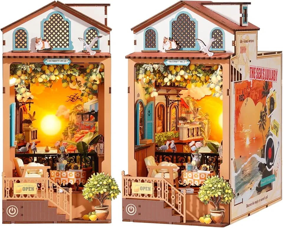 Rolife Sunset Isle Book Nook Kit für Erwachsene, Miniatur Haus Selber Bauen | 284-teiliges Booknook Bausatz, Ohne Kleber, 3D-Holzpuzzle Bücherstütze Bastelnl als Bibliothek Bücherregal Dekoration