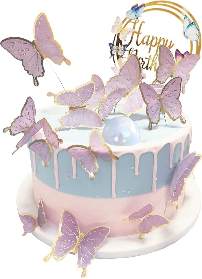 Purple Gold Butterfly Cake Toppers Decorations - 1 Big Acrylic Happy Birthday Cake Topper & 15Pcs 3D Butterfly Cupcake Toppers - Perfect for Women Girl's Birthday