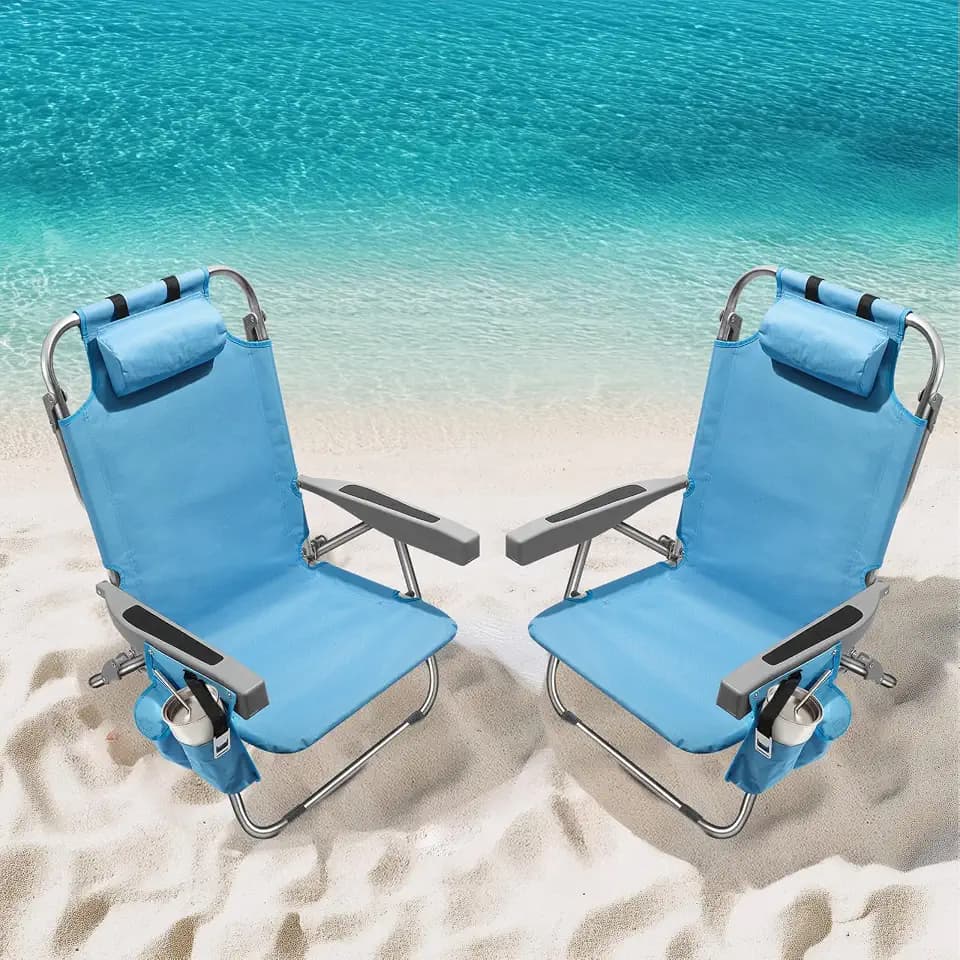 PASAMIC Backpack Beach Chairs for Adults 2 Pack Portable, Lay Flat Reclining Beach Chairs with 5 Positions, Tall Heavy Duty Folding Chair with Cup Holder, Cooler Pouch, Towel Bar, Blue