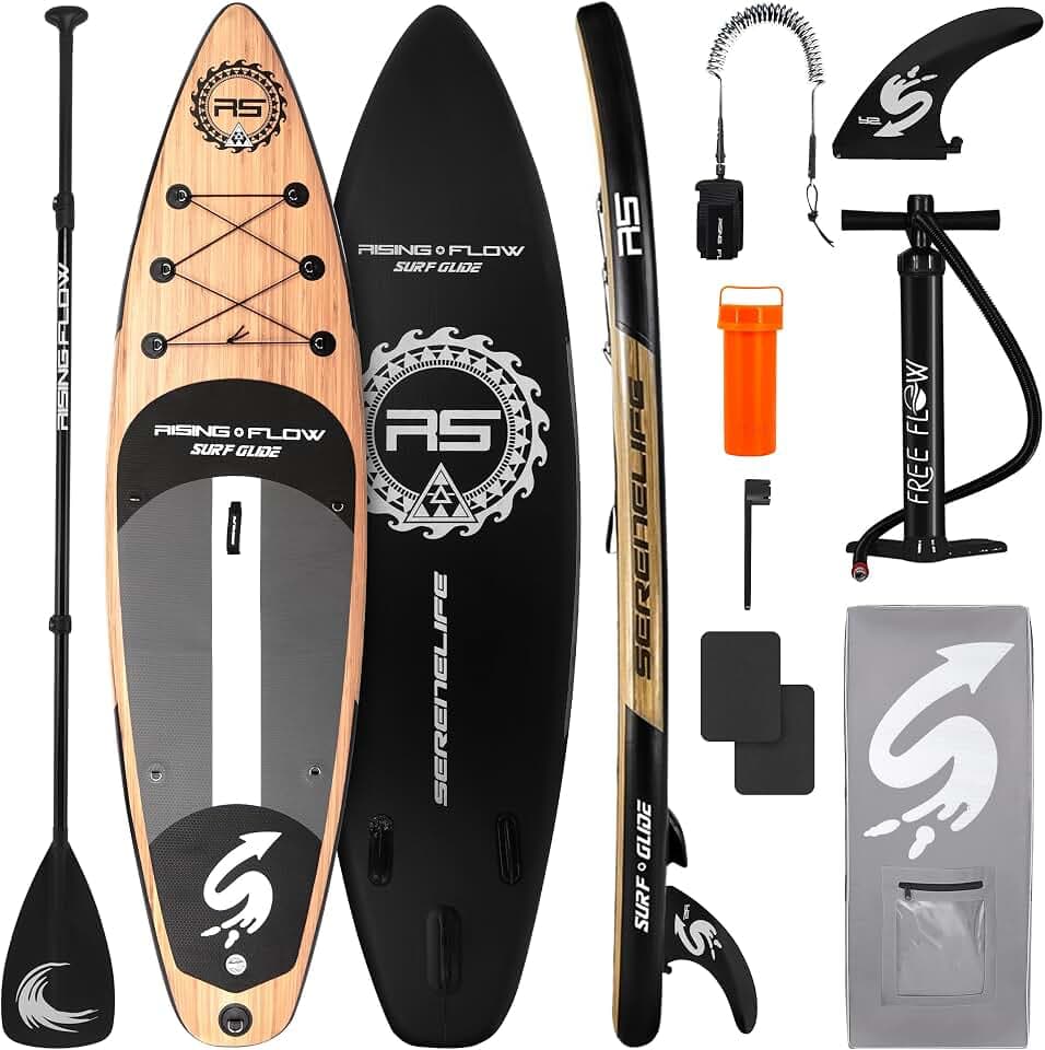 SereneLife 10’6” Inflatable Stand Up Paddle Board with Premium SUP Accessories - 32” Wide Stable Design with Non-Slip EVA Deck Pad, for Youth and Adults, 350 lbs. Capacity