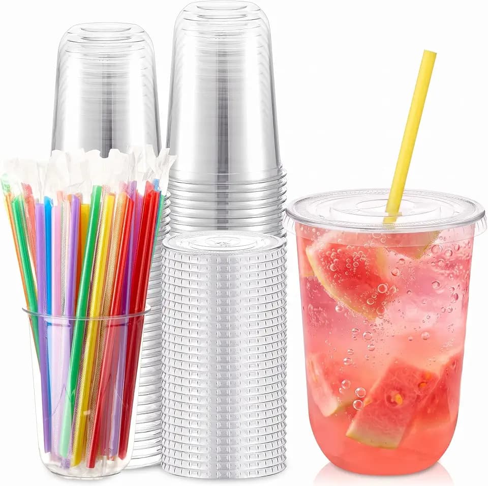 Ziliny 25 Pack 16 oz Plastic Cups with Lids Straws Iced Coffee, Multicolor