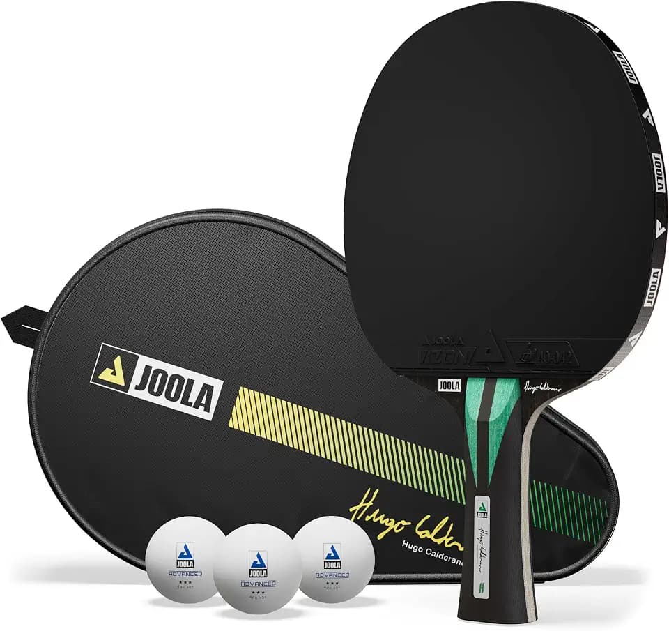 JOOLA Hugo Calderano Carbon Tischtennisschläger inkl. 3 Tischtennisbälle + Schlägerhülle, ITTF-zugelassen, VIZON-Beläge, schwarz/grün