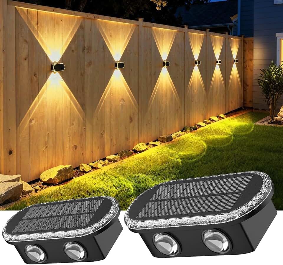 Ellasay Fence Lights Solar Powered: Outdoor LED Wall Lighting Dual Beam and 3 Color Modes IP65 Waterproof 12H Long Lasting Easy Mount for Garden Patio Backyard 2 Pack