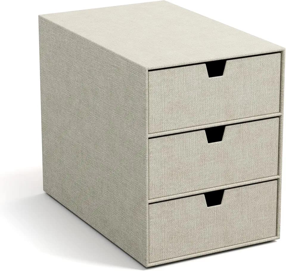 BIGSO INGRID Schubladenbox für Dokumente und Bürobedarf – Schreibtisch Organizer mit 3 Schubladen – Ablagesystem aus Faserplatte und Papier in Leinenoptik - Beige