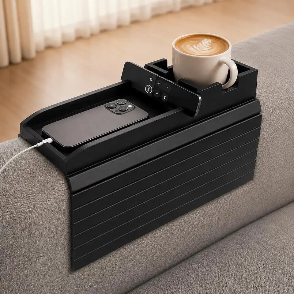 Bamboo Couch Arm Tray with Cup Holder, Sofa Armrest Table, Black