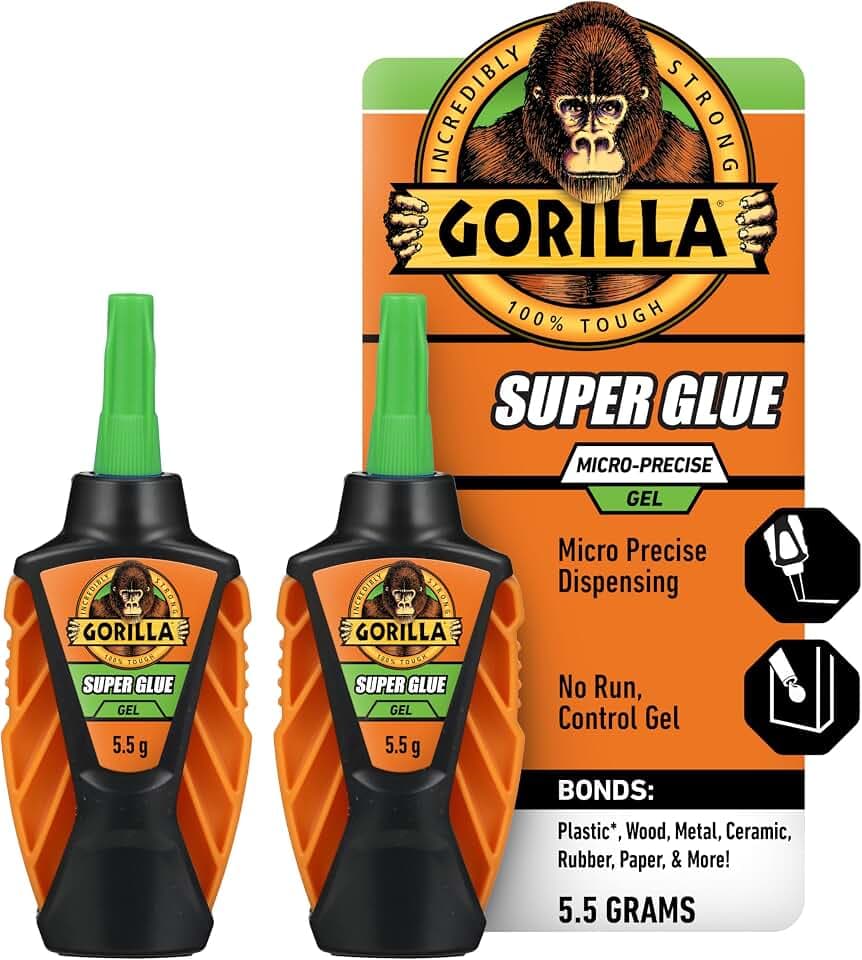 Gorilla Micro Precise Super Glue Gel, Clear, Cyanoacrylate, 5.5g, 2-Pack