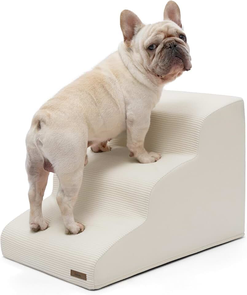Lesure Dog Stairs for Small Dogs, Beige, 3 Step Pet Ramp for Bed and Couch