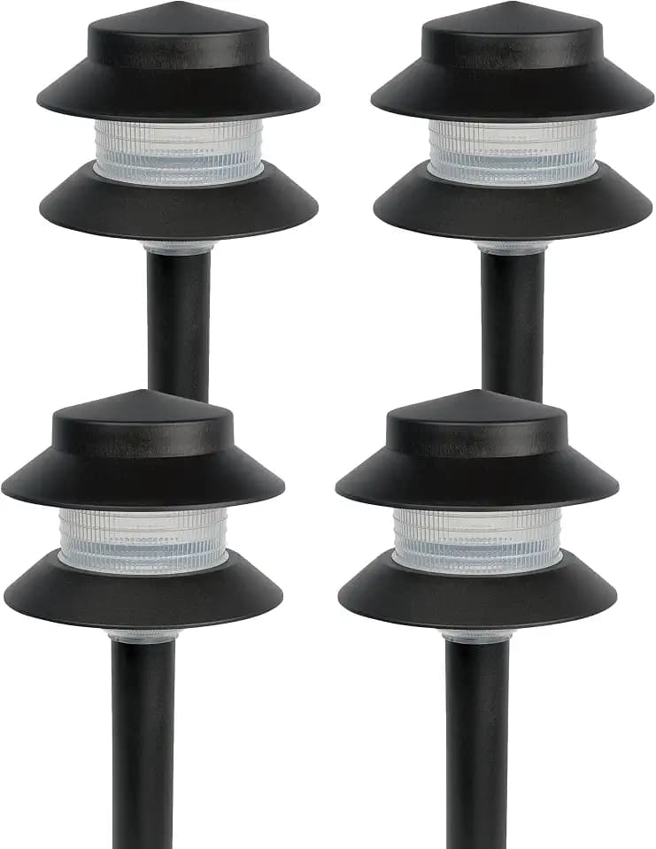 GreenLighting Paradise Low Voltage Landscape Pathway Lights - 2 Tier Outdoor Garden Lights - Easy, Simple Installation - Walkway, Lawn, Landscape Lighting (Black, 4 Pack)