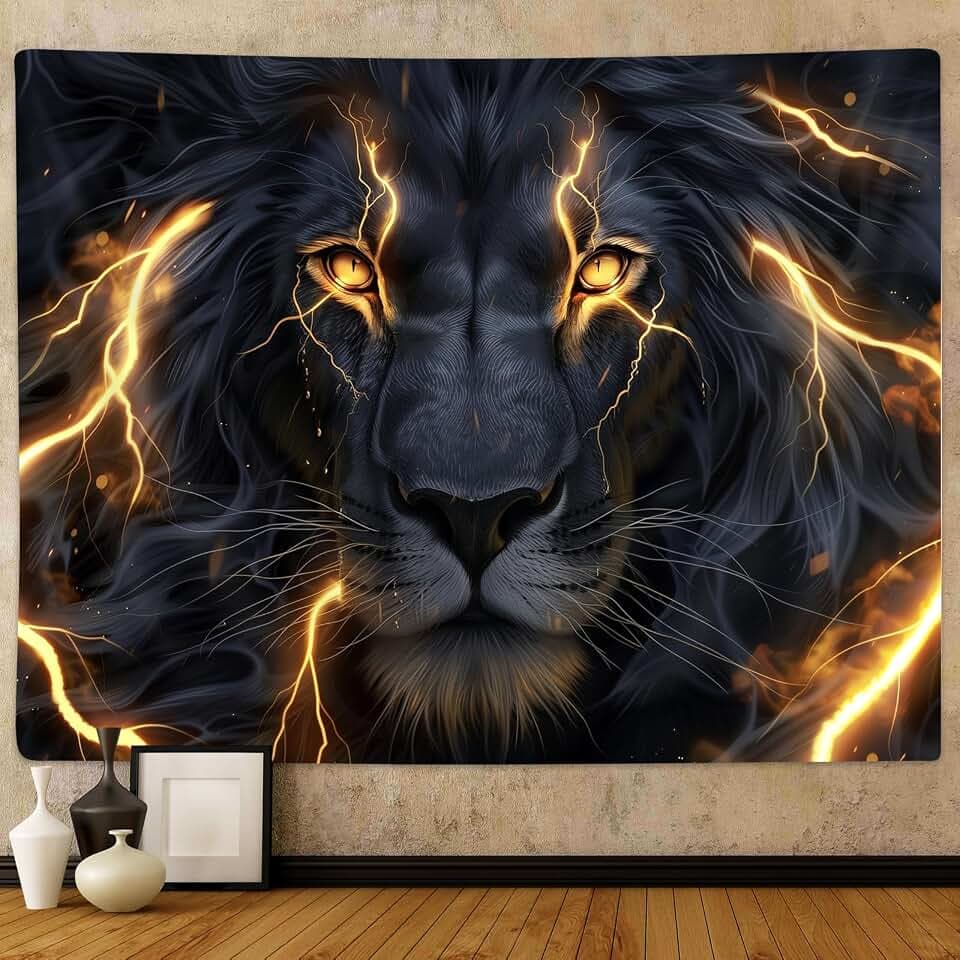 Sokdcam Cool Lion Tapestry Wall Hanging, Black and Gold African Lion Wild Animal Men Hippie Art Decor Tapestries, Wall Tapestries for living Room Bedroom Home Dormitory Decoration 80''L x 60''W