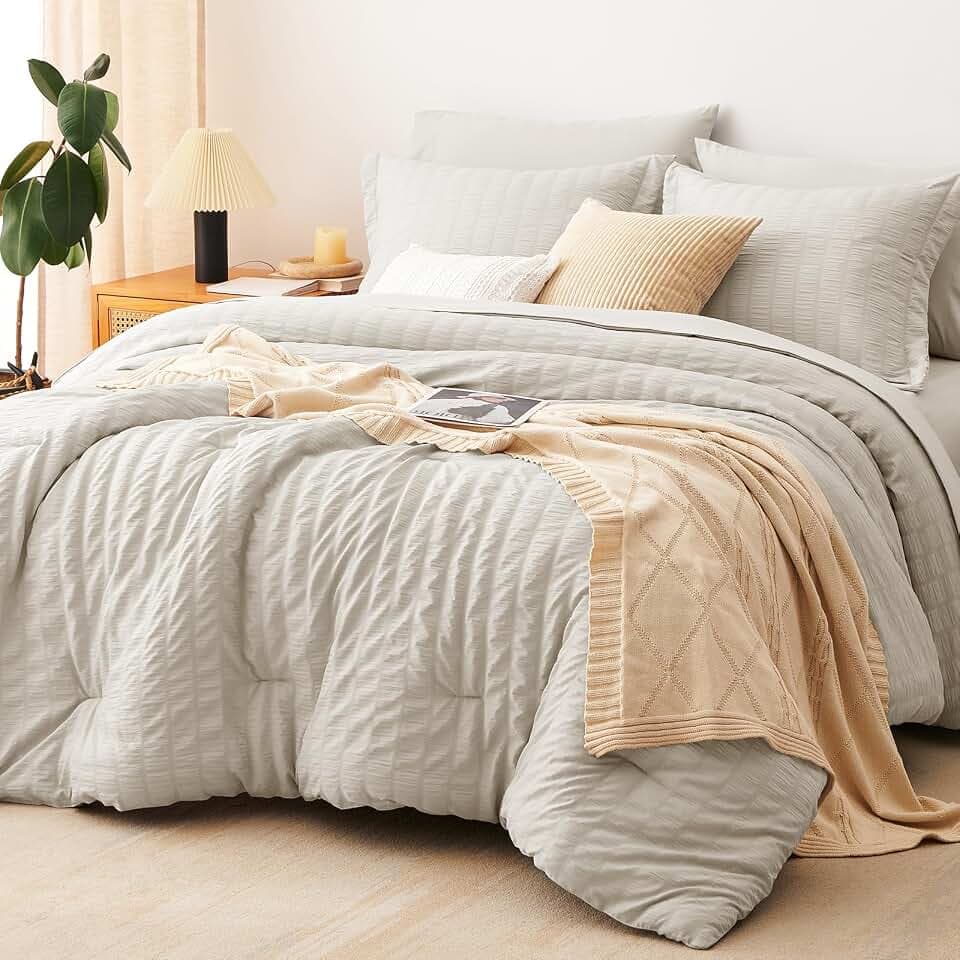 CozyLux Queen Comforter Set, 7 Pieces Beige Seersucker Bed in a Bag