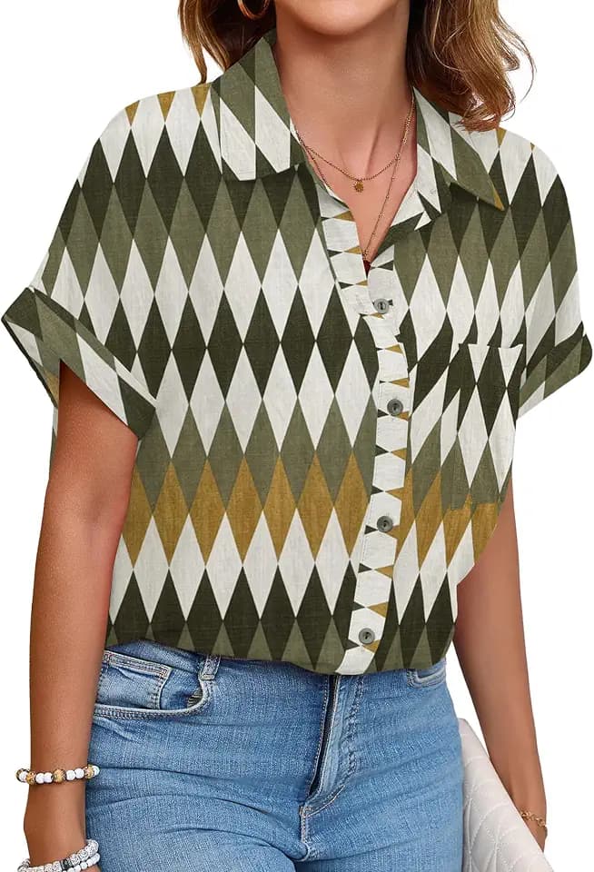 Poplab Hawaiian Button Down Shirts for Women Floral Short Sleeve Casual Beach Shirts Office Blouse Tops(Zigzag Stripes,L)