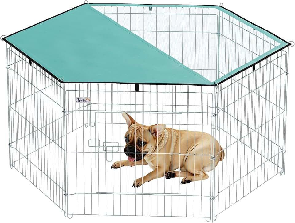 PawHut Parc enclos modulable Acier 6 panneaux et 1 Porte Pour chiens lapins rongeurs Petits animaux intérieur extérieur Ø 120 x 60 cm gris métal vert