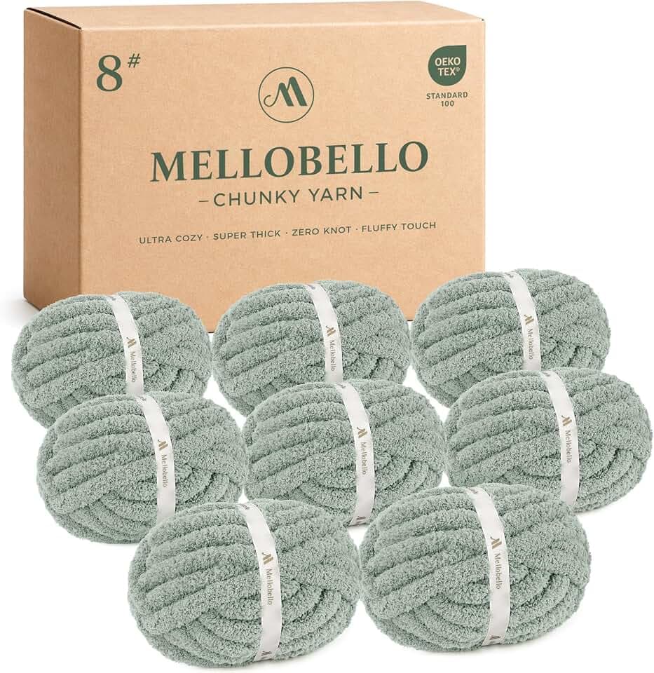 Mellobello Jumbo Chunky Yarn for Hand Knitting - Super Thick Chenille Chunky Yarn for Crocheting - Extra Soft Bulky Fluffy Blanket Big Yarn 8 Jumbo Pack (26yds,8 oz Each Skein) Sage Green