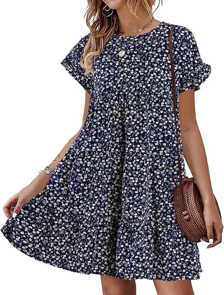 Womens Babydoll Dress Summer Boho Print Ruffles Loose Flowy Mini Dress