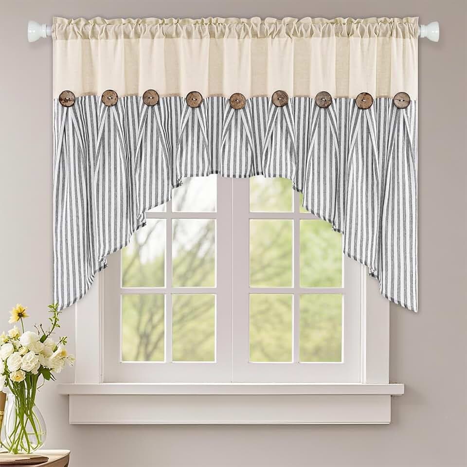 ASPMIZ Farmhouse Cotton Linen Swag Valances for Windows, Boho Kitchen Curtains Valances with Rustic Buttons, Grey Striped Window Treatments Curtain Valance for Bathroom Cafe, 61 x 36 Inch, 1 Panel