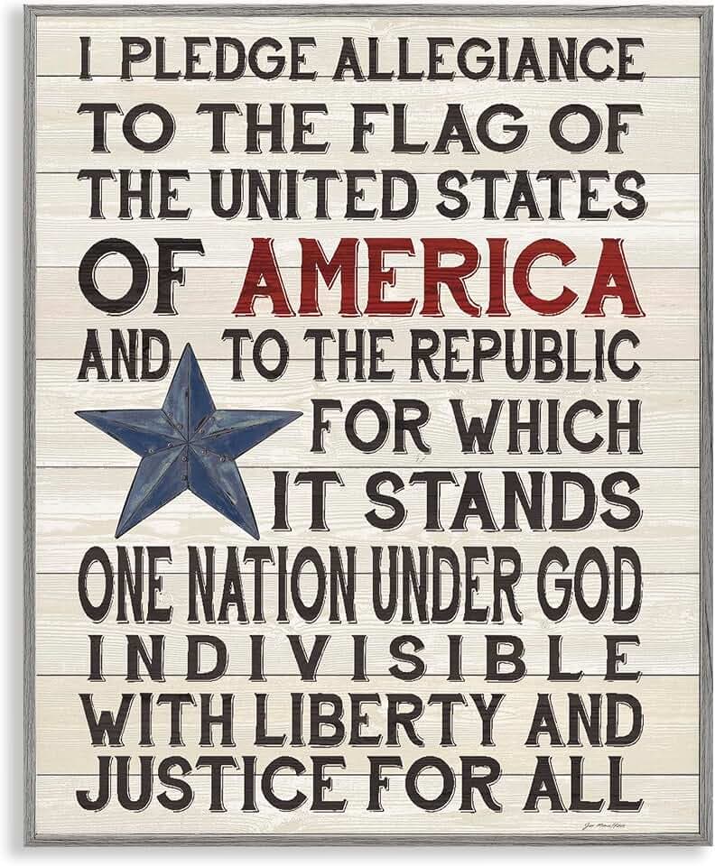 Stupell Industries Pledge of Allegiance Stars and Stripes Americana Rustic Wood Look Sign, Design by Jo Moulton, Grey Framed, 11x14