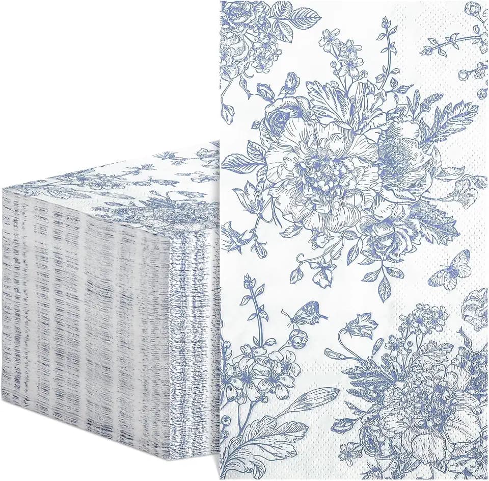 NatNarr 100 Pk Blue Floral Napkins, Disposable Dinner Guest Bathroom Napkin