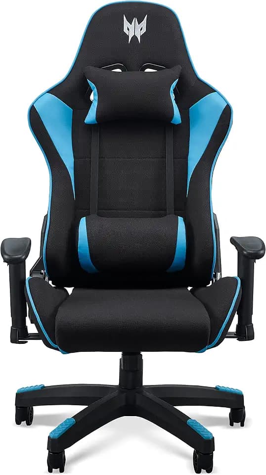 Acer Predator Rift lite Gaming Stuhl (Abnehmbare Lenden- und Kopfstütze, verstellbare 2D-Armlehnen, Zwei-Polster-Kissen, 150° neigbare Rückenlehne, für Nutzer bis zu 120 kg) schwarz/blau