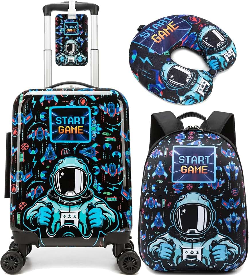 Kid's Luggage Set 4 Piece Suitcase Set 16" Hardside Luggage with Spinner Wheels Boys Carry on Toddler Travel Rolling Suitcase Airline Approved
