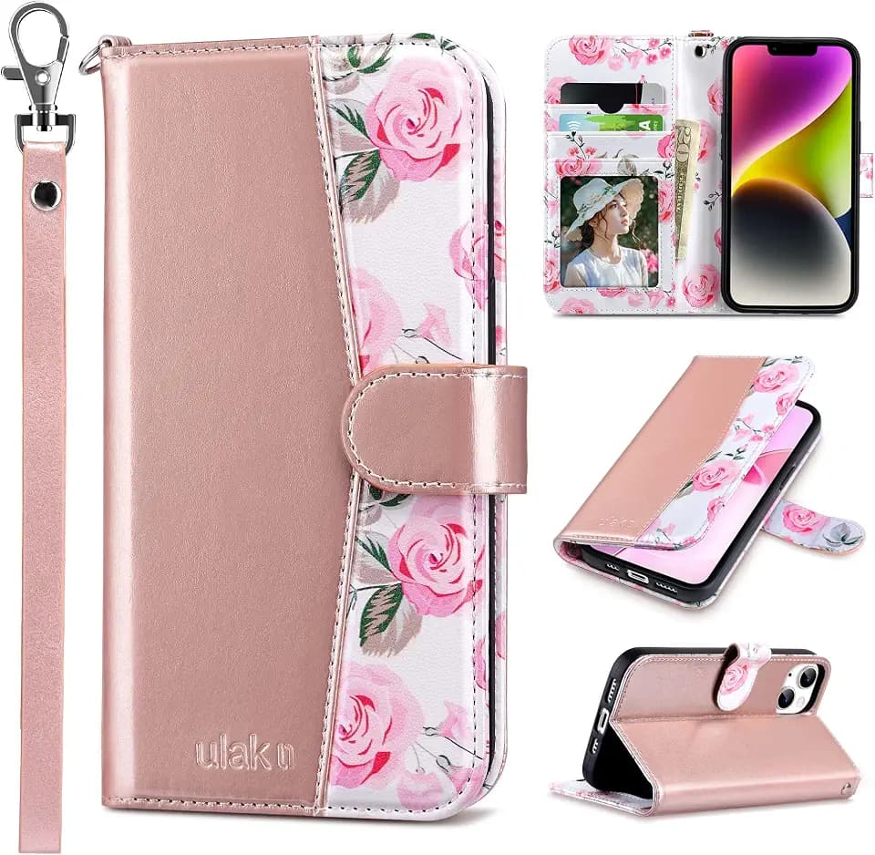 ULAK Compatible with iPhone 14 Wallet Case for Women, Rose Gold